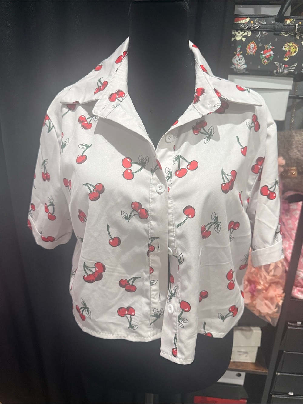 White Cherry-Print Short Sleeve Button-Down Shirt